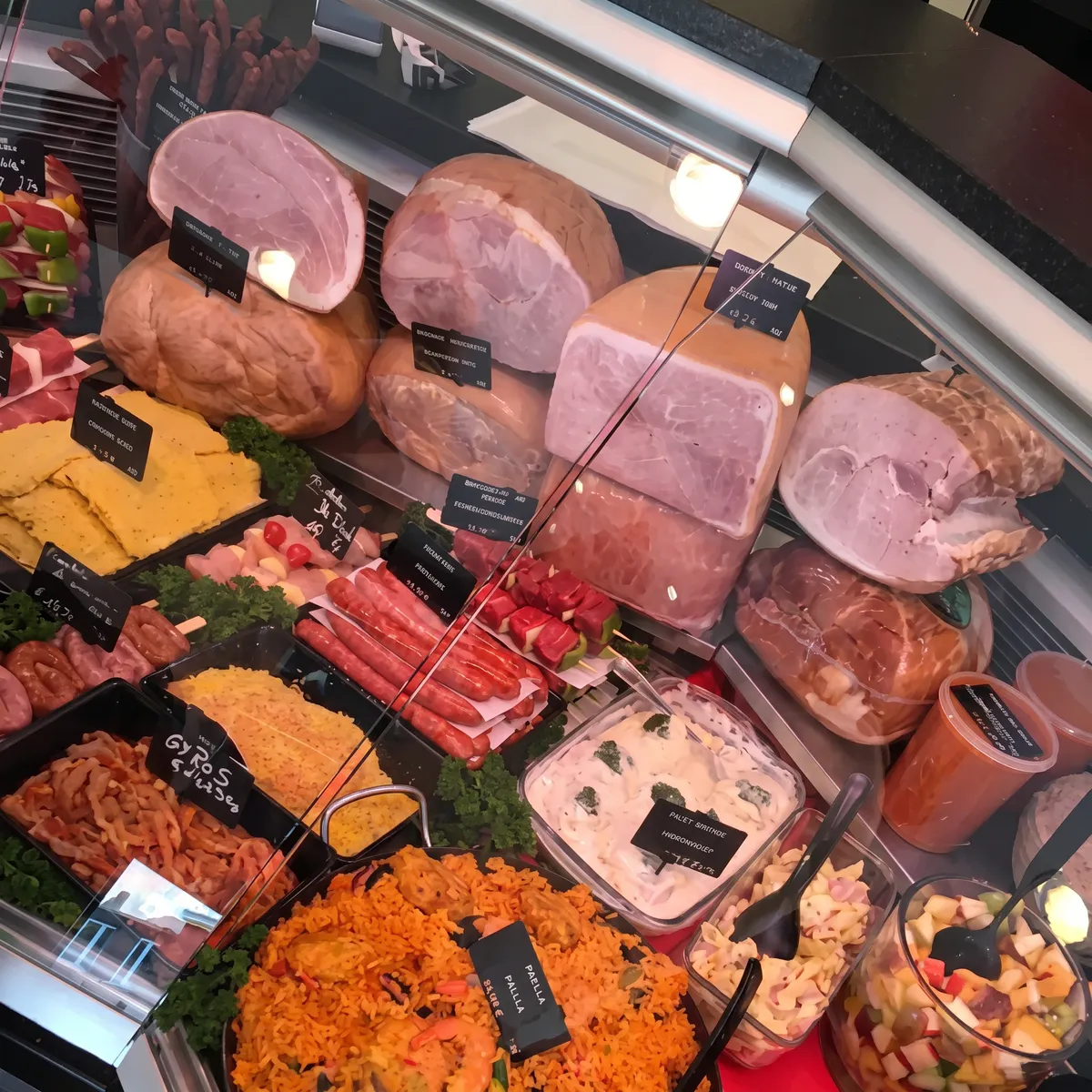 Vitrine traiteur de la Boucherie Milcamps : jambons, paella, saucisses et salades maison
